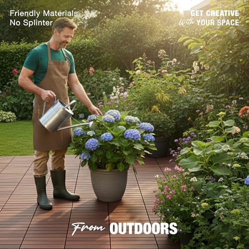 acacia wood interlocking deck tiles, patio & backyard shown in use