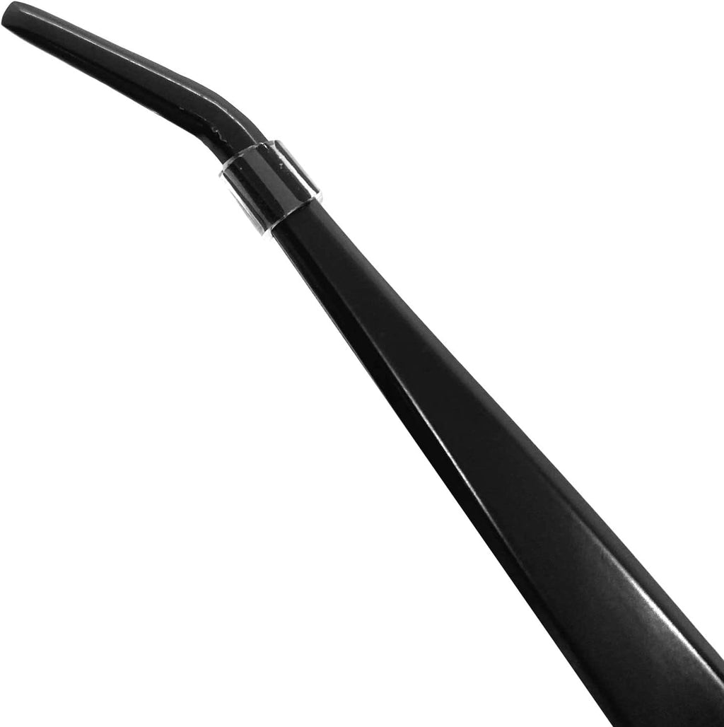 KAKURI Bonsai Tweezers Curved Serrated Tips with Spatula 8.8" - Made in Japan - Professional Bonsai Care Tool - Black Coated Japanese Stainless Steel
