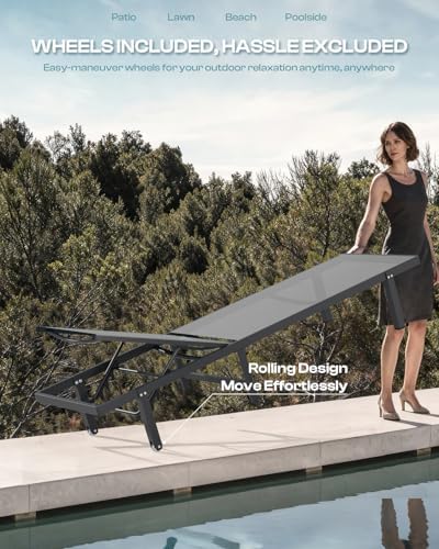 Lounge Chair Outdoor with Wheels, Aluminum Chaise Lounge Outdoor Chair with 5 Adjustable Backrest - Easy to Move- Pool Lounge Chairs for Patio, Poolside (Darkgray)