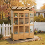 mcombo wooden walk-in greenhouse, open roof & lockable shown in use