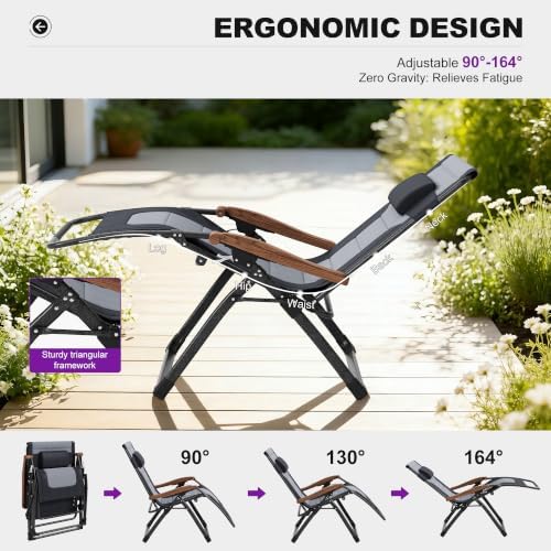 PURPLE LEAF Outdoor Reclining Chair Extra Wide Quilted Cushion, Black Grey | Adjustable pillow, Water-resistant oxford fabric, Reclining backrest, Woodgrain design, Aluminum grips, Light pearl anti-sag