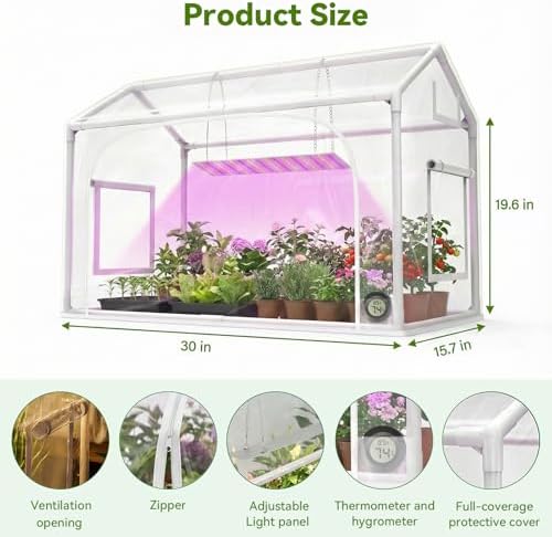 mini greenhouse with grow light, timer & hygrothermograph, close-up detail