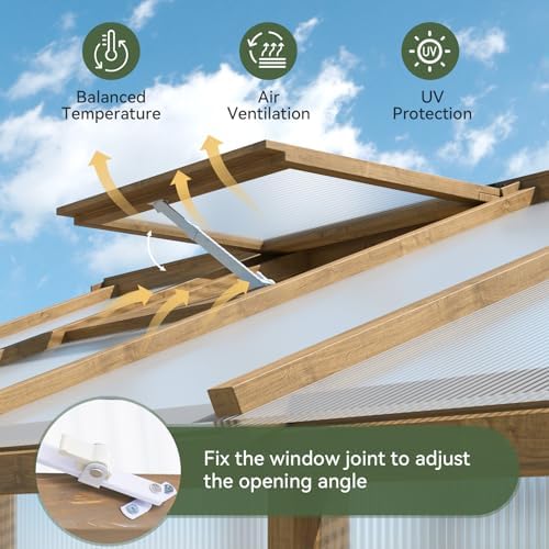 aoxun 6x8 ft wooden greenhouse for outdoors, 6mm, close-up detail