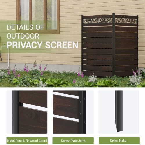 wood privacy screen, no dig outdoor fence,dark brown showing dimensions