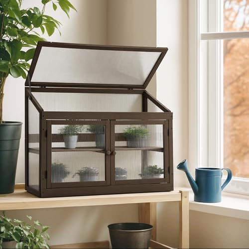 mcombo wooden cold frame garden greenhouse flower planter shown in use