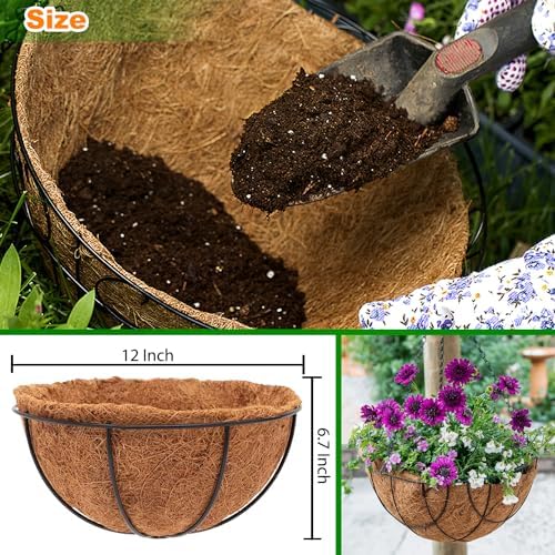 LCHUANG Coco Liners for Planters - 4 Pack 12 Inch Round Hanging Basket Liners, 100% Natural Coconut Fiber Replacement Liners for Hanging Baskets Planters Flowers, Plants, Vegetables (12'' Pack of 4)
