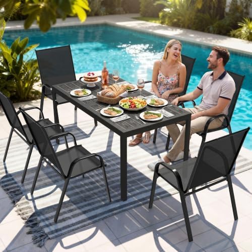 pamapic outdoor dining sets for 6, rectangular steel showing dimensions