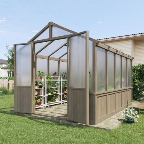 aoxun 8x10 ft wooden greenhouse for outdoors, 6mm shown in use