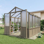 aoxun 8x10 ft wooden greenhouse for outdoors, 6mm shown in use