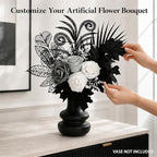 fake flowers for vase, black, white & silver, close-up detail