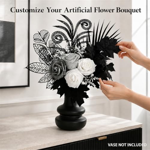 fake flowers for vase, black, white & silver, close-up detail