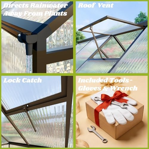 6x4ft outdoor greenhouse with roof vent, charcoal black showing dimensions