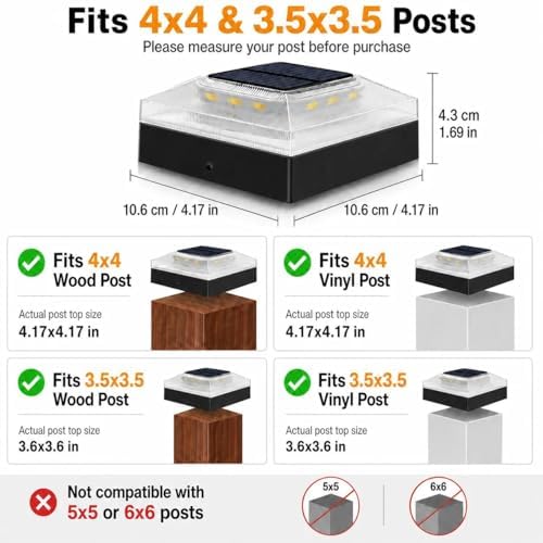 4x4 Solar Post Cap Lights Outdoor 2 Pack, 3 Color Modes/Dusk to Dawn/IP65 Waterproof, Fits 4x4 Vinyl/PVC Wood Posts Top, Black LED Fence Topper Light for Deck, Porch, Backyard