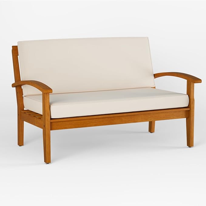 Idzo Laurent 700lbs Capacity Acacia Outdoor Loveseat, FSC Certified 2 Seater Patio Sofa with 3.9in Thick Cushions, Teak Finish Porch Couch for Garden Backyard