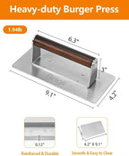 Brigii Smash Burger Press, Rectangular Grill Press, Bacon Press, Heavy Duty | Stainless steel, smooth surface, heat-resistant wooden handle, dishwasher safe, no seasoning, patties, steak, chicken, BBQ
