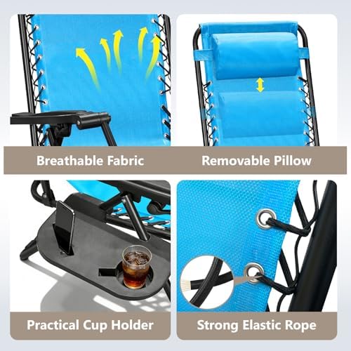 Zero Gravity Chairs Set of 2, Adjustable Lounge Chair Outdoor Recliner, Folding Reclining Lawn Chair, Anti Gravity Chair with Pillow & Cup Holder for Pool Camping Sunbathing Beach Patio (Sky Blue)
