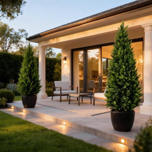 artificial cedar topiary trees 4ft set of 2, front angle view