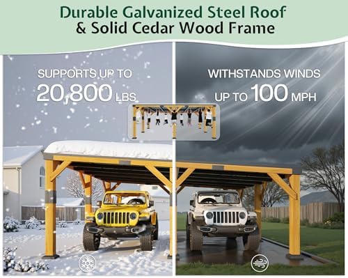 jocisland 20x20x9.2 ft heavy duty cedar wood carport, side view