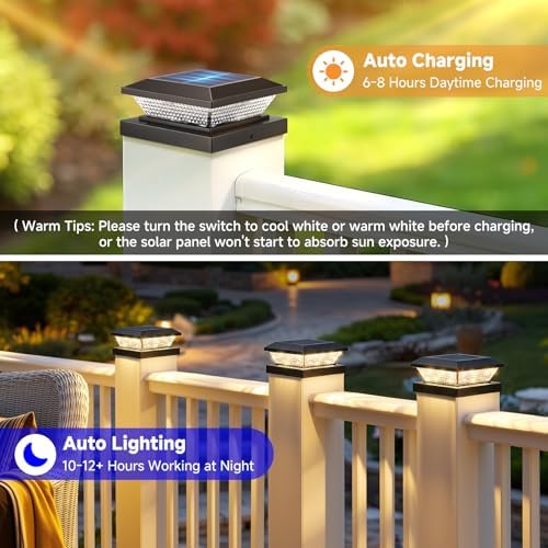 4x4 Solar Post Cap Lights Outdoor 16 Pack, Waterproof Solar Fence Light for Wooden/Vinyl Post, 2 Color Outside Deck Patio Porch Decor, Black