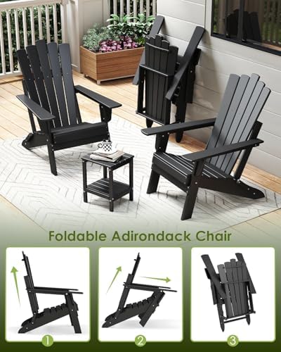 GREENVINES Folding-Adirondack-Chairs-Set-of-2 | HDPE Plastic | Throne Series | Fire Pit Chair | All Weather | for Outdoor Patio Deck Backyard Poolside | Black