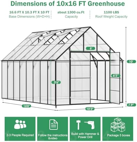 16x10x10 ft large greenhouse for outdoor, easy assembly, view 9
