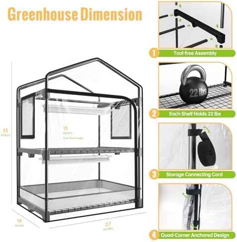 indoor greenhouse with grow light, 2-tier plant stand on a desk or shelf