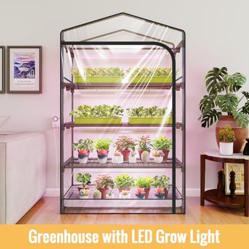 indoor greenhouse with grow light, 4-tier plant shelf on a desk or shelf