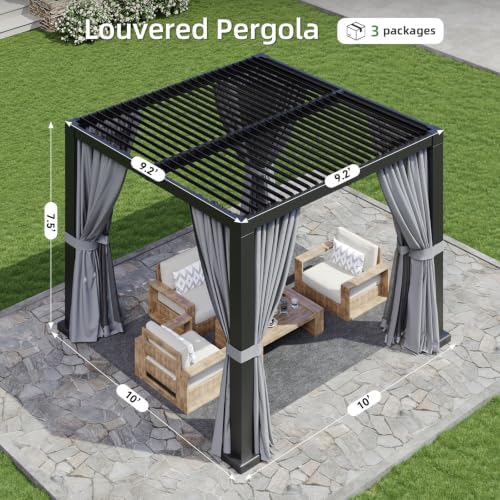 aoxun louvered pergola 10x10 all-aluminum, waterproof curtains and, view 9