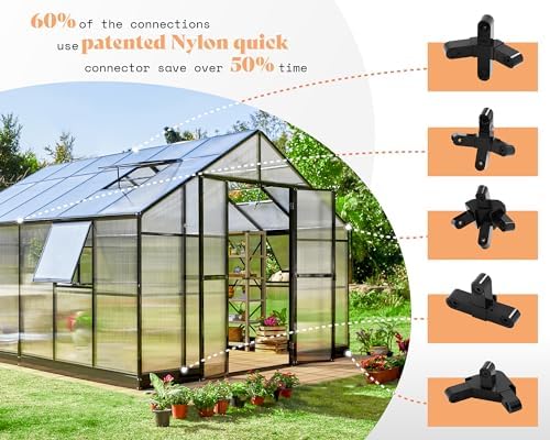 amerlife 12x13.5x9 ft polycarbonate greenhouse with quick-connect assembly, close-up detail