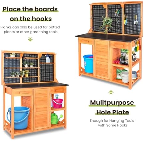 agitree outdoor garden potting bench, horticultural wooden workstation shown in use