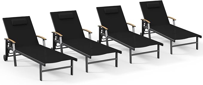 Ciokea Outdoor Lounge Chair with Pillow Set of 4, 5-Position Chaise Lounge with Wheels & Armrests, 400 lbs Heavy Duty Aluminum Pool Lounge Chairs, for Beach, Deck, Poolside & Backyard, Black