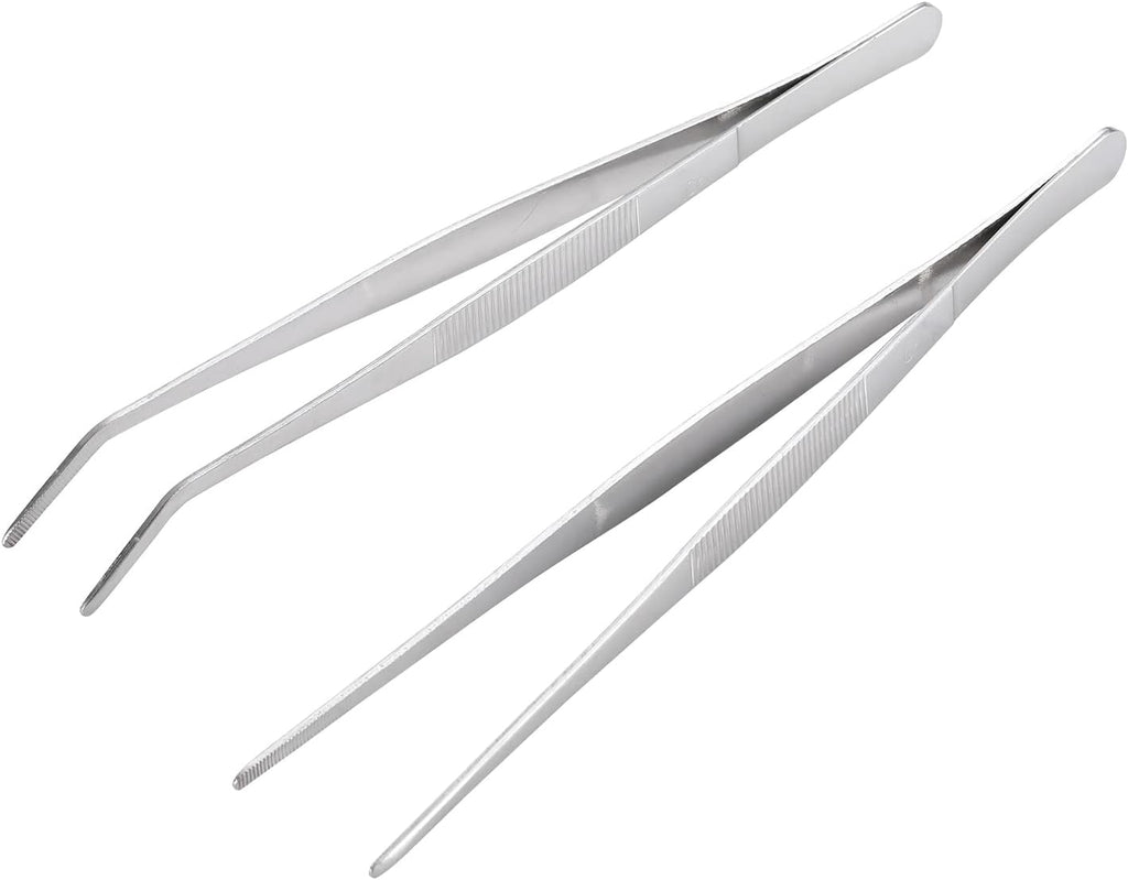 Miupoo Long Handle Stainless Steel Paint Straight and Curved Tweezers Nippers,Extra Long Precision Craft Tweezers Set with Serrated Tips,Silver,2 pieces,9.8Inches