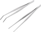 Miupoo Long Handle Stainless Steel Paint Straight and Curved Tweezers Nippers,Extra Long Precision Craft Tweezers Set with Serrated Tips,Silver,2 pieces,9.8Inches