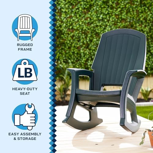 Rockaway Heavy Duty All Weather Patio or Deck Rocking Chair, Green | Polyethylene Outdoor Rocker with Backrest and Armrests for Porch, Deck, and Patio