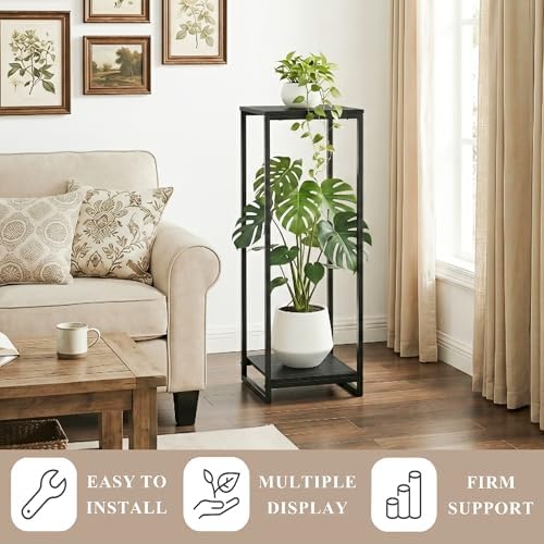 34" tall 2-tier corner plant stand indoor, black, close-up detail
