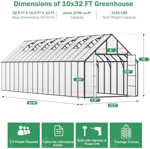 10x32 ft polycarbonate greenhouse large heavy duty aluminum, close-up detail