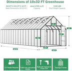 10x32 ft polycarbonate greenhouse large heavy duty aluminum, close-up detail