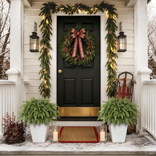 artificial cedar potted plant christmas greenery for front, close-up detail