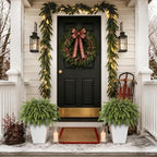 artificial cedar potted plant christmas greenery for front, close-up detail