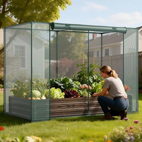 docred crop cage with raised garden bed, 84.6" shown in use