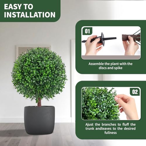 25" artificial boxwood topiary ball tree with ground, front angle view