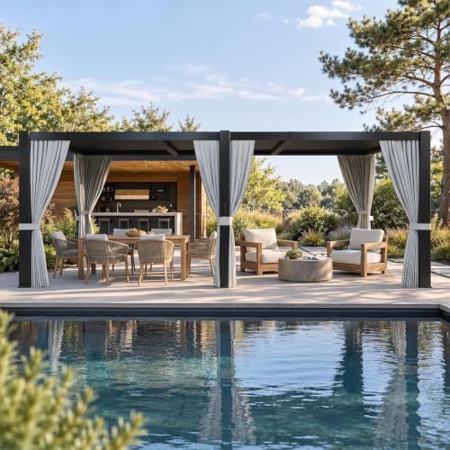 aoxun louvered pergola 12x20 all-aluminum, waterproof curtains and shown in use