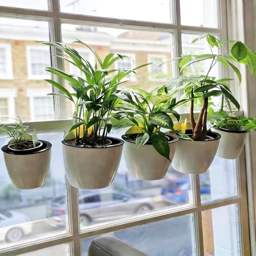 white hanging planter pots self watering vertical garden, side view
