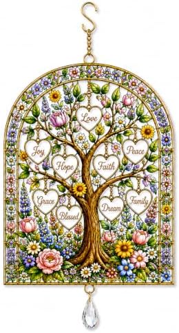 tree of life stained glass window hanging,colorful sun, side view