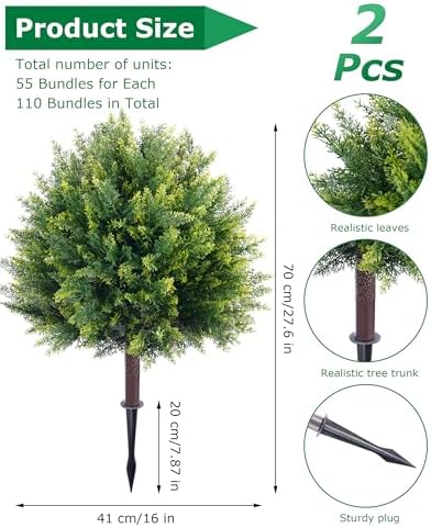 27.6'' artificial cedar topiary trees with spikes, set, package contents