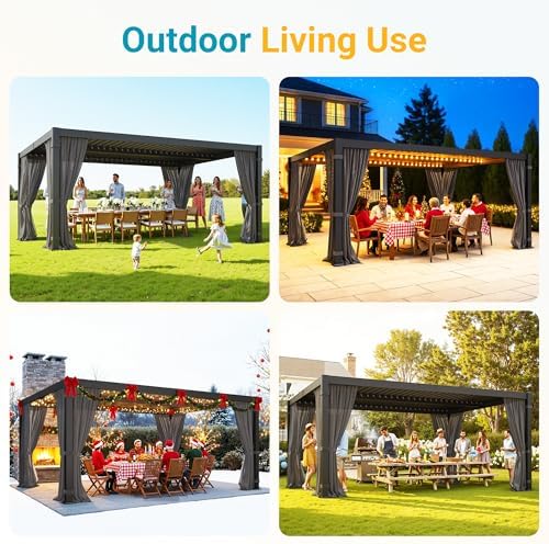 12' x 16' pergola with curtain & adjustable, front angle view