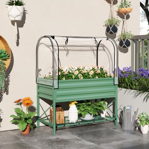 outsunny raised garden bed with cover and storage shown in use