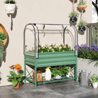 outsunny raised garden bed with cover and storage shown in use