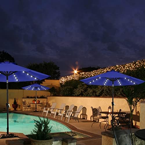 MASTERCANOPY 11ft Patio Umbrella with Solar Lights, Blue | 8 Ribs, 32 Solar LED Lights, Tilt & Crank, UV/Water-Resistant, Easy Setup – Ideal for Garden, Deck, Pool