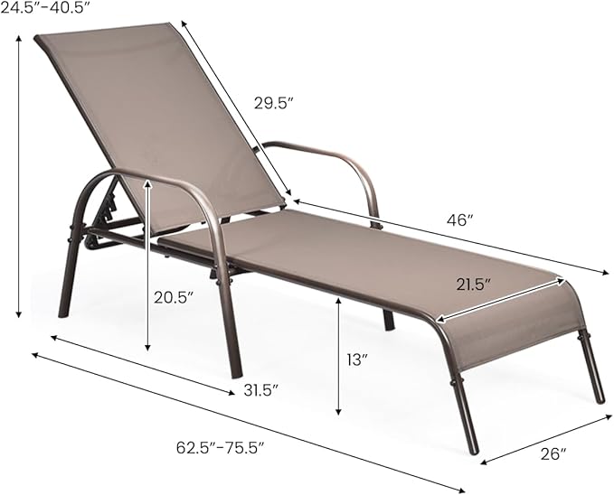 Giantex 2 Pack Patio Lounge Chair, Outdoor Chaise Lounge with 5 Adjustable Backrest, Sturdy Steel Frame, Sunbathing Recliner, Beach Chair, Tanning Chair for Outside, Yard, Balcony, Pool Chairs, Brown